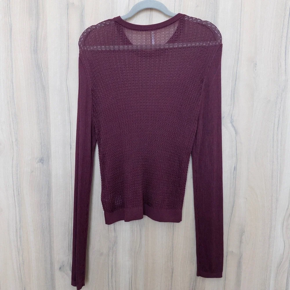 Free People H2O Crew Pullover Sheer Long Sleeve Top XL Burgundy Open Knit Layer